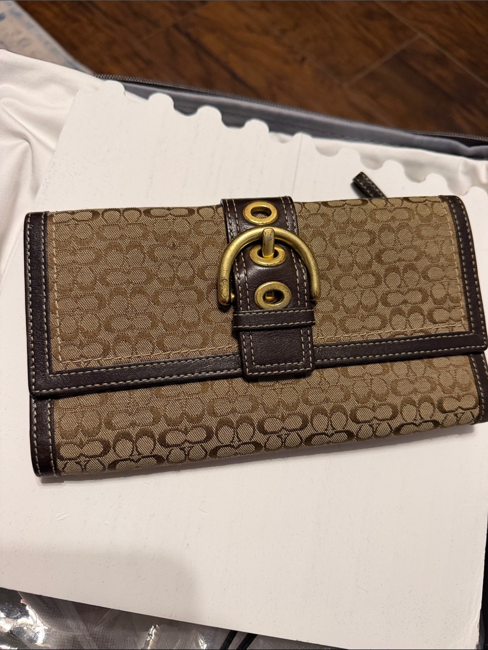 Coach Tan Signature Canvas Wallet with Dark Brown Trim and Gold Hardware